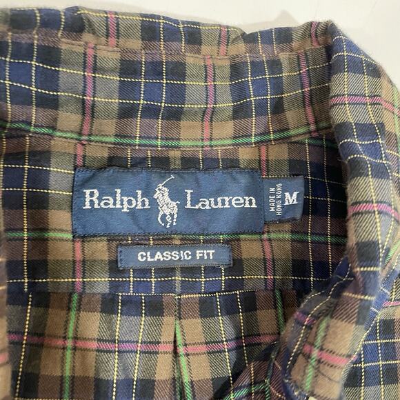 Polo Ralph Lauren Shirt Men’s Medium Brown Blue Plaid Flannel Long Sleeve Casual - Picture 2 of 7